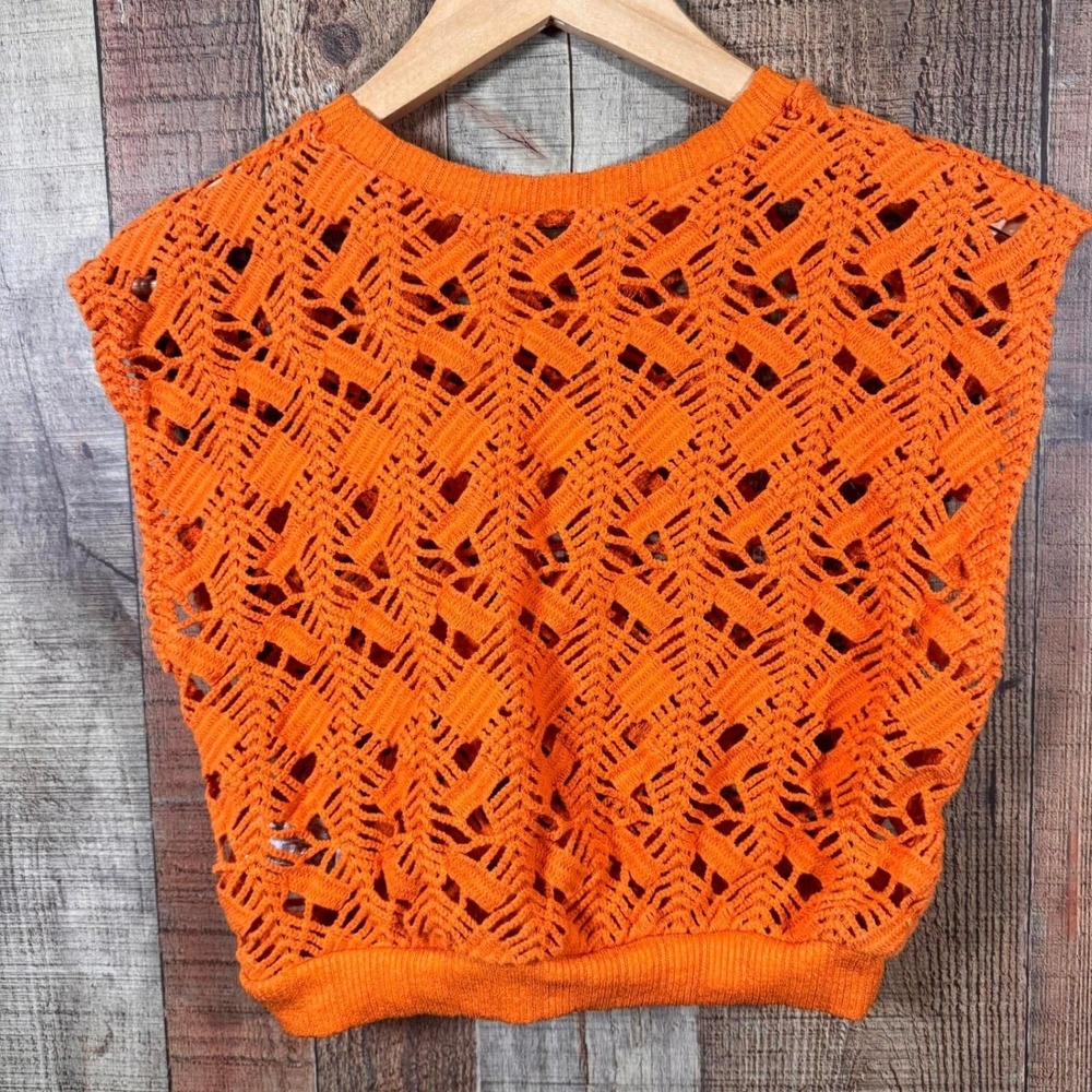 Zara Orange Open Knit Crochet Crop Top Sleeveless Sweater Vest Womens Medium - Picture 5 of 7